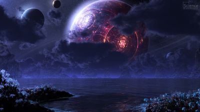 Explore the Mystical Red Planet and Ocean Painting in HD  Futuristic Space Art Wallpaper