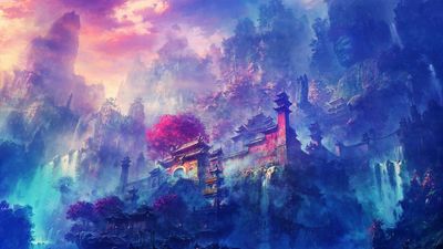 1080p HD Wallpaper Serene Mountainside Temple in Buddhism Monastery  Zen Shrine Fantasy Artwork with Vibrant Colors and Mystical Atmosphere