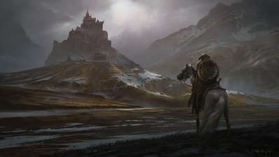 1080p HD Wallpaper Person Riding Horse near Mountain Castle in The Elder Scrolls V Skyrim