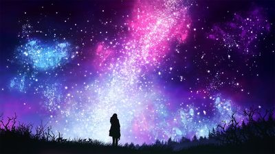 HD Wallpaper Pink Purple and Blue Galaxy Stars in the Night Sky with a Silhouette of a Girl  Free Download  1080p HD 2K 4K 5K