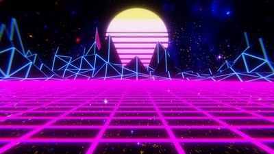 Explore the Retro Vibes with this 1080p HD Wallpaper Sun Mountains Music Space Stars  Neon