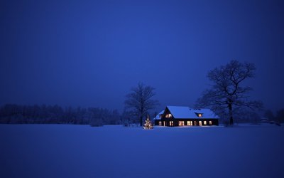 HD Winter House Snow Christmas Tree Night Blue Wallpaper  Free Download in 1080p