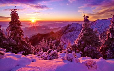 Captivating Winter Landscape HD Wallpaper of Sky Sunset Mountains Forest and Snow