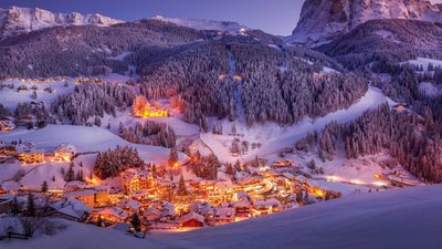 HD Winter Wallpaper Snowy Mountains Lights and Valley in Italys Dolomites  Free Download 1080p