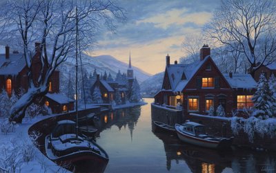 Winter Wonderland Brown Painted Houses Wallpaper with Snowy Mountains and River