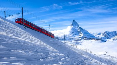 Red and Black Train in the White Mountains HD Wallpaper of Zermatt Switzerland